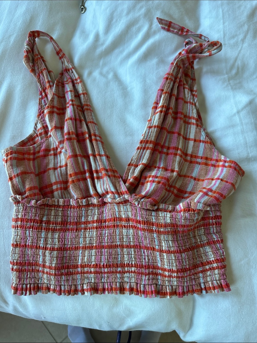 Smocked Plaid Tie-Shoulder Crop Camisole in Pink and Orange